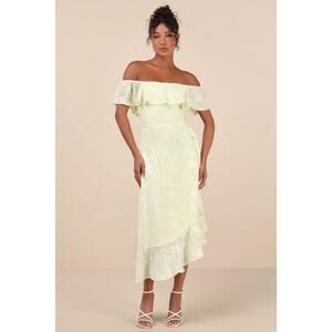 Lulus Pretty Perfect Yellow Burnout Floral Off-the-shoulder Midi Dress - Size M